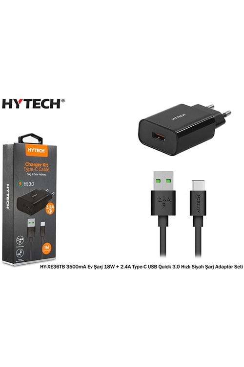 Hytech HY-XE36TB 3500mA Ev Şarj 18W + 2.4A Type-C USB Quick 3.0 Hızlı Siyah Şarj Adaptör Seti