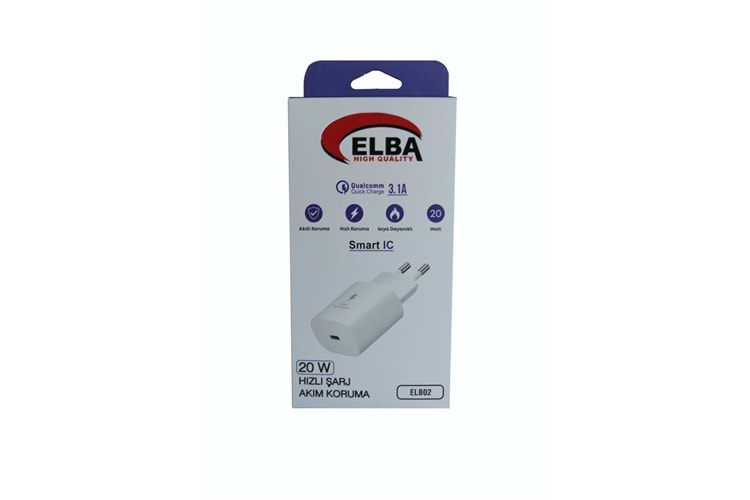 Elba ELB02-20WPD Beyaz 20W USB-C Şarj Kafa PD 3.0-QC4.0(Akıllı Koruma-Hızlı Şarj-Isıya Dayanıklı)