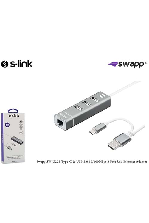 S-link Swapp SW-U222 Type-c Usb 2.0 10-100mbps 3 Port Usb Ethernet Adaptör