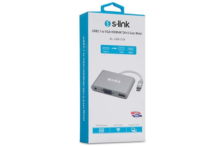 S-link SL-USB-C58 USB3.1 Metal to VGA+HDMI4K-2K+3.