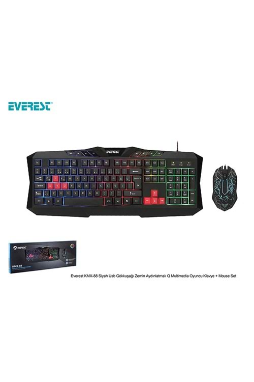 Everest KMX-88 Siyah Usb Gökkuşağı Zemin Aydınlatmalı Q Multimedia Oyuncu Klavye + Mouse Set