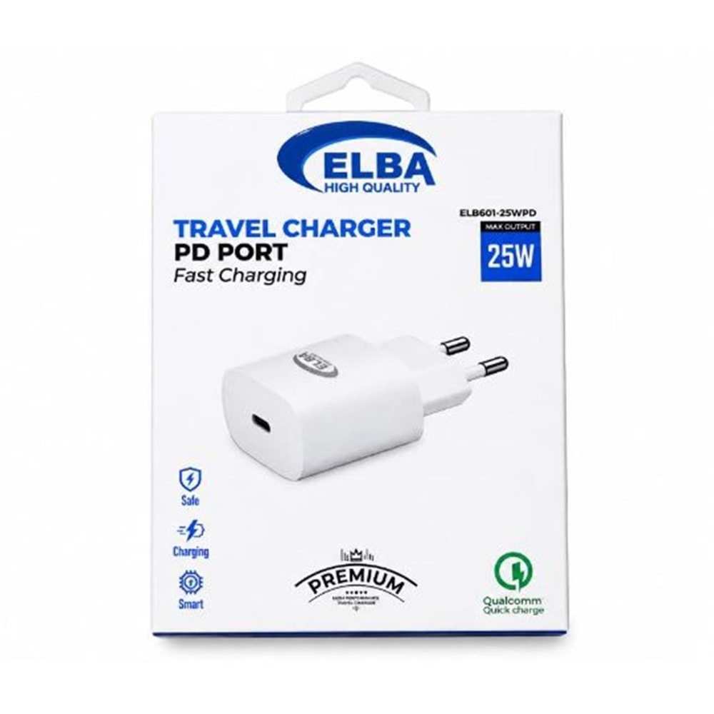 Elba ELB01-25WPD Beyaz 25W Şarj Kafa Type USB-C PD3.0-QC4.0(Akım Koruma-Hızlı Şarj-Isıya Dayanıklı)