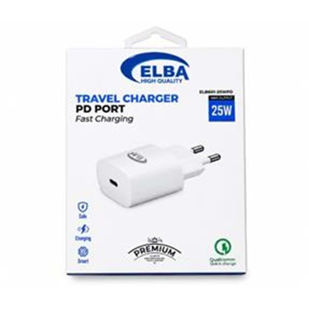 Elba ELB01-25WPD Beyaz 25W Şarj Kafa Type USB-C PD3.0-QC4.0(Akım Koruma-Hızlı Şarj-Isıya Dayanıklı)