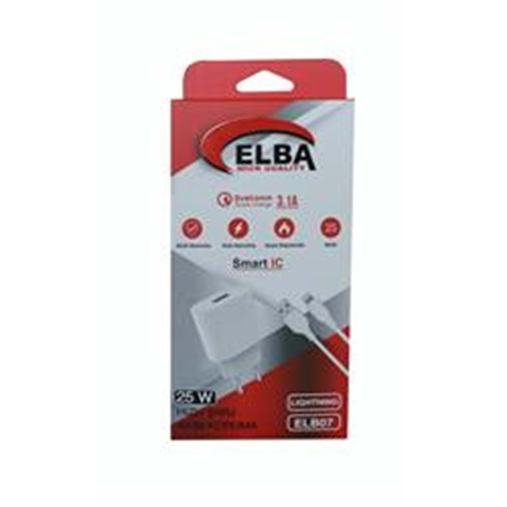 Elba ELB07-USB-25WIOS Beyaz 25W Usb Ev Şarj Kafa+ Usb 1mt Lightning Kablo QC4.0 Hızlı Şarj 