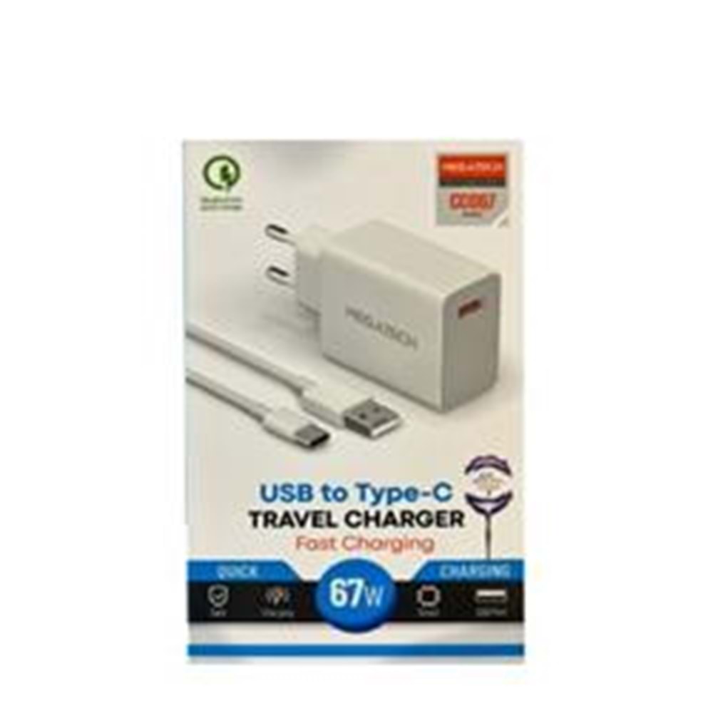 Megatech 67w Turbo Şarj Gösterme EvŞarj Kafa + Type-C Şarj Kablosu 
