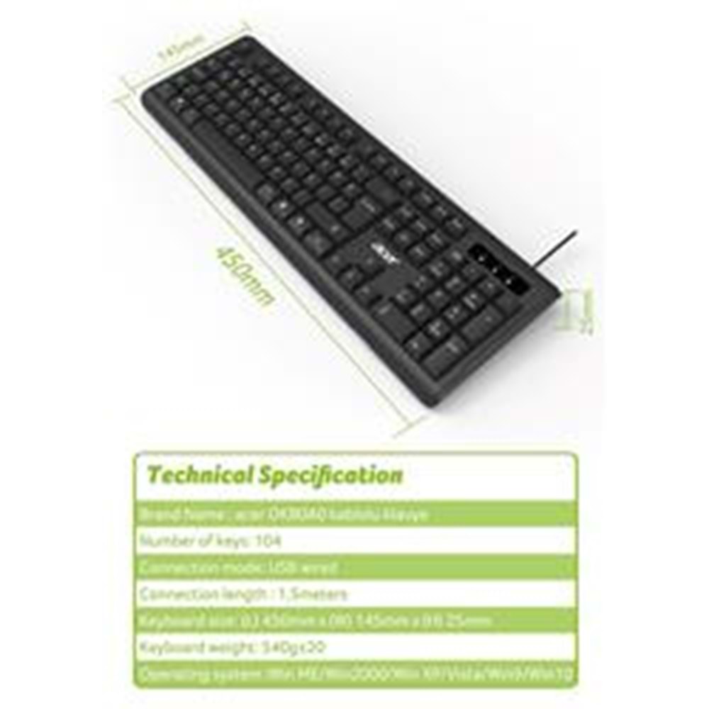 Acer OAK-0A0 Siyah Kablolu Sessiz Tuşlu Klavye (Caps Lock) (Kablo Uzunluğu 1.50Cm) Caps Lock