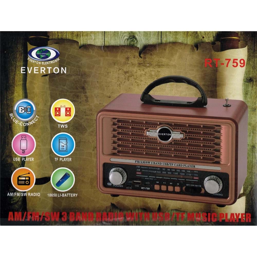 Everton Rt-759 Bluetooth Fm-Usb-Tf-Aux Solarlı Şarjlı Nostaljik Radyo