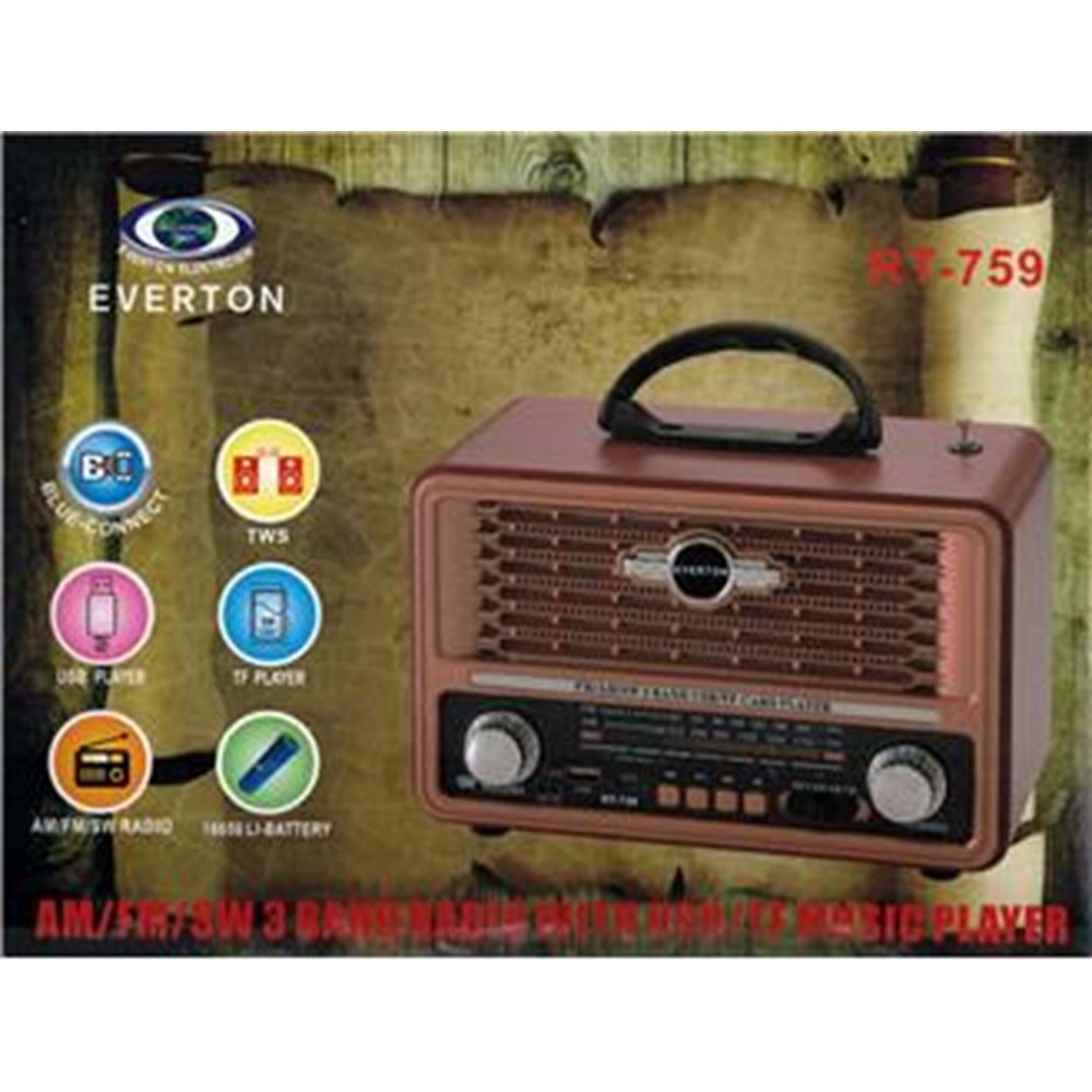 Everton Rt-759 Bluetooth Fm-Usb-Tf-Aux Solarlı Şarjlı Nostaljik Radyo