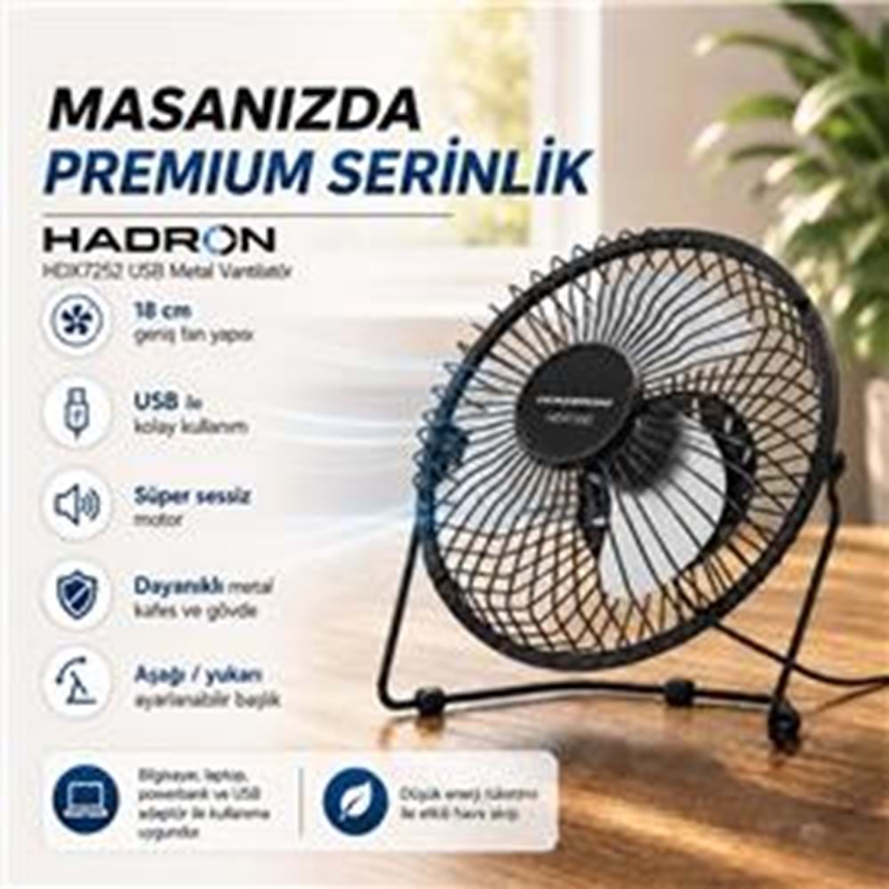 HADRON HDX7252 SİYAH VANTİLATÖR USB METAL18CM 