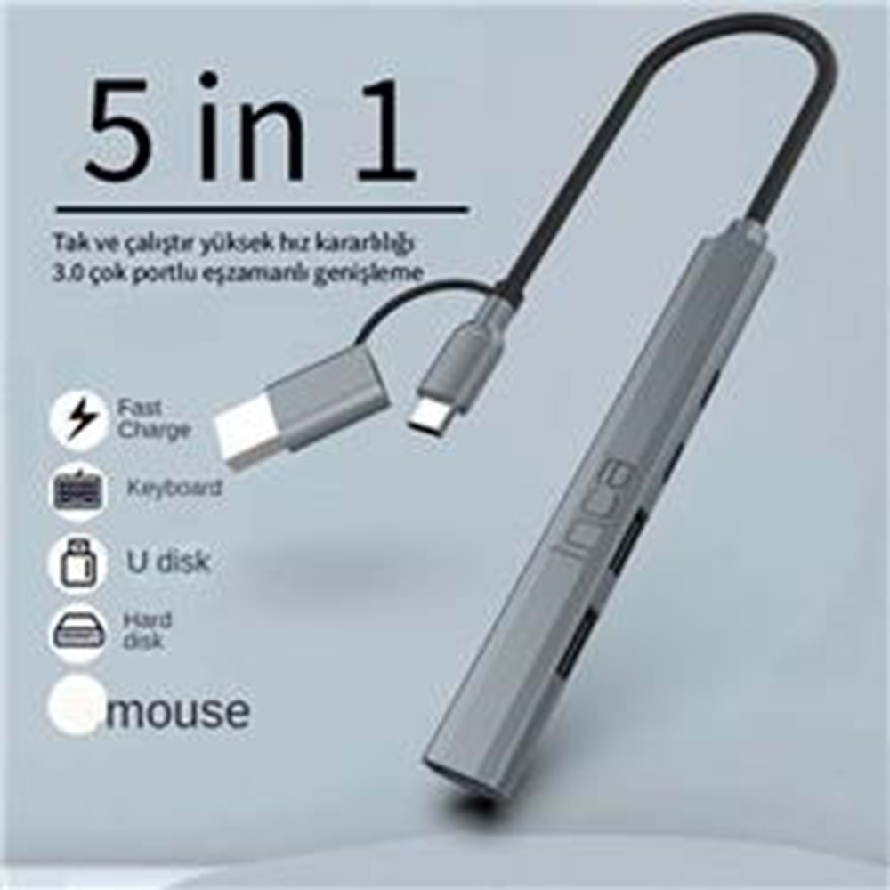 Inca IUTP-06TX 5in1 USB 3.0 + 2xUSB 2.0+Type-C+PD 100W USB+Type-C Çoklayıcı 3.0 ile 5 Gbps