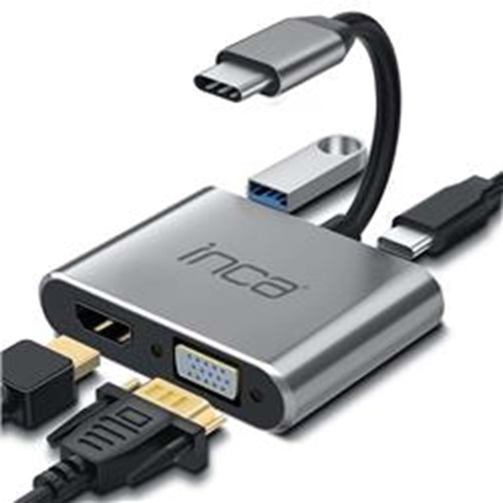 Inca ITPC-06TX USB C 4in1 – HDMI+VGA+USB+Güç Dağıtım Adap 4K@30Hz HDMI Çoklayıcı 100W PD Güçı