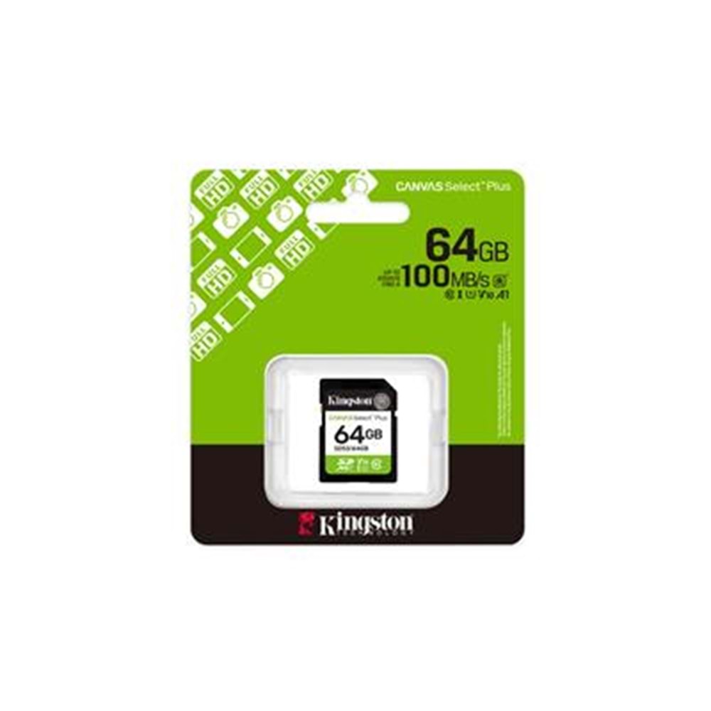 Kingston SDS3-64GB 64GB SDXC Canvas Select Plus Gen3 100MB-s C10 UHS-I U1 V10 Hafıza Kartı