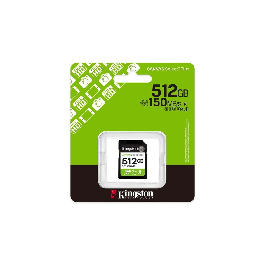 Kingston SDS3-512GB 512GB SDXC Canvas Select Plus Gen3 150MB-s C10 UHS-I U3 V30 Hafıza Kartı