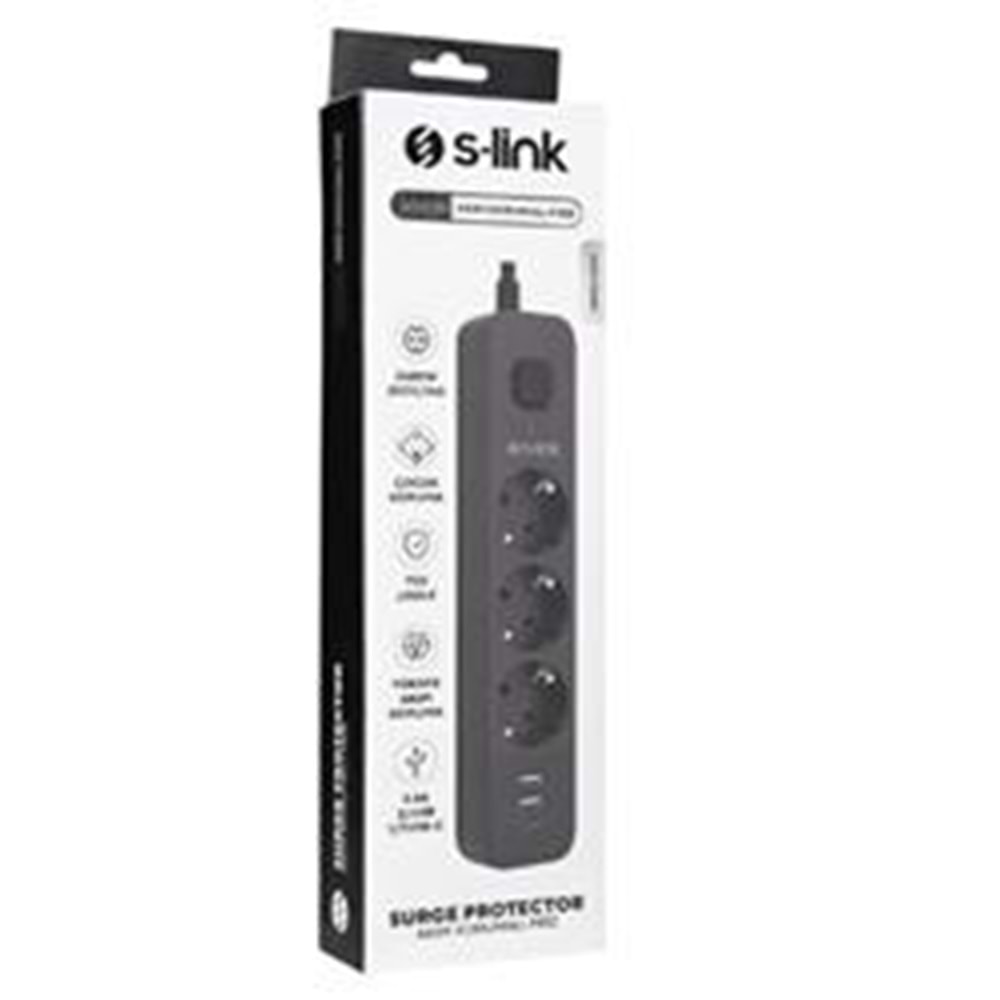 S-link SPG03U 5V2.4A 1.5m 3x1.00mm 100 yüzde Bakır 750 Joule 3 lü Anahtarlı Akım Korumalı Siyah Priz