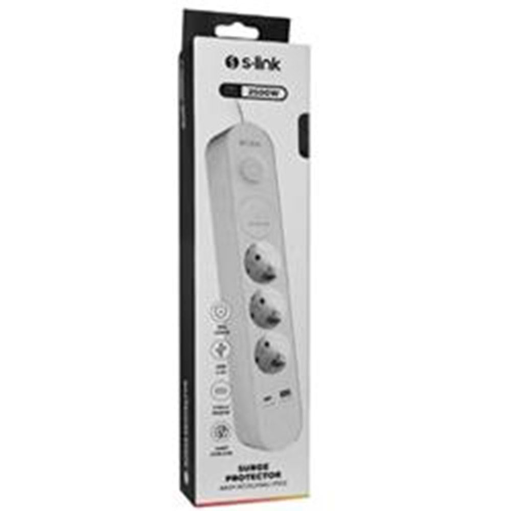 S-link SPG3-PD20 PD20W H05VV-F 3G1.0mm, 1.5m 3 lü 306 J Akım Korumalı Beyaz + Gri Priz
