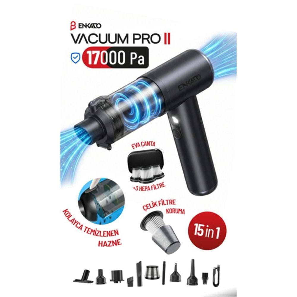 Enkado EKD-SP10 17000PA 2000ah Güçlü Vakum Ve Üflemeli Şarjlı Elektrikli Araç Süpürgesi 3ad Filtre