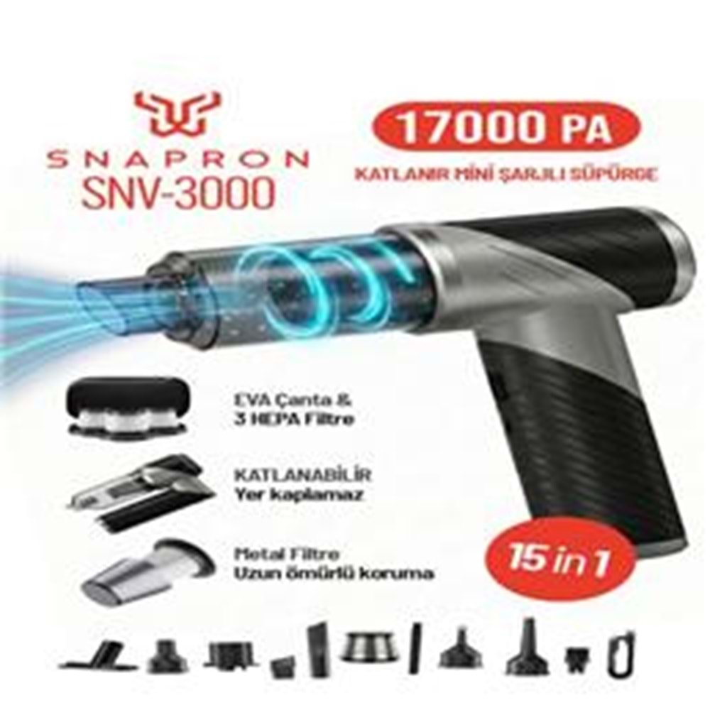 Snapron SNV-3000 17000PA 2000Mah 15in1 Güçlü Vakum Ve Üflemeli Şarjlı Katlanabilir Araç Süpürgesi 