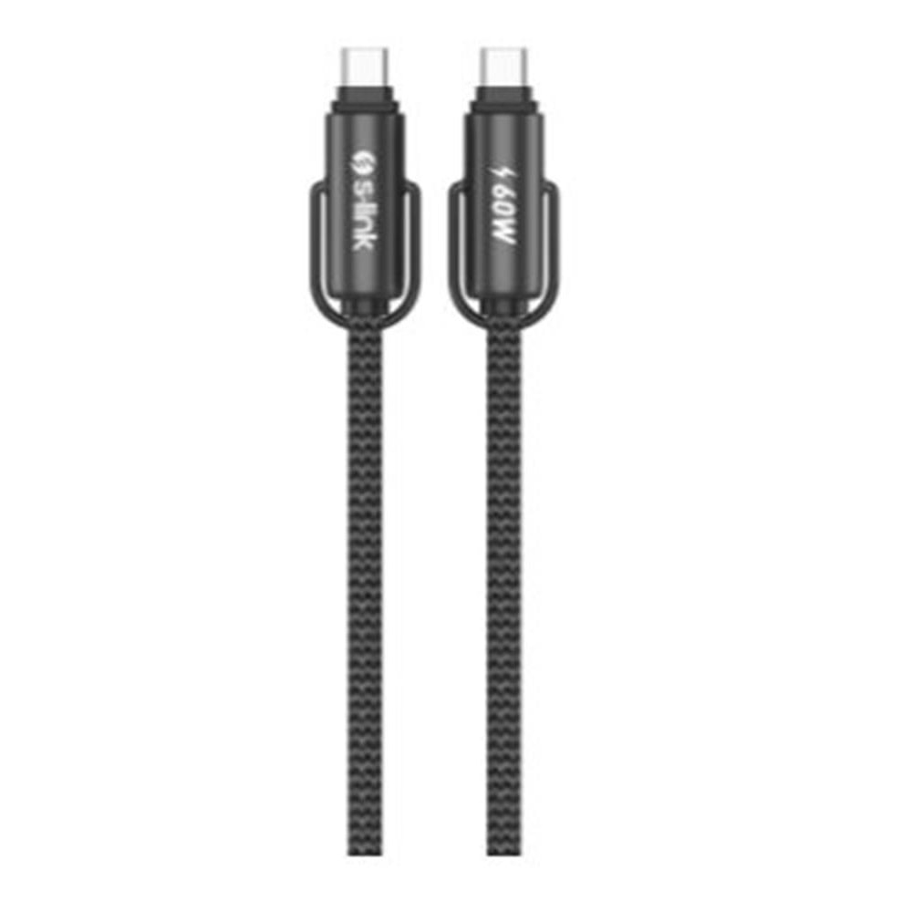 S-link Armor Boyun Askılı AC-01 60W 1.2m Type-C to Type-C Örgülü Metal Başlıklı Siyah Şarj Kablosu