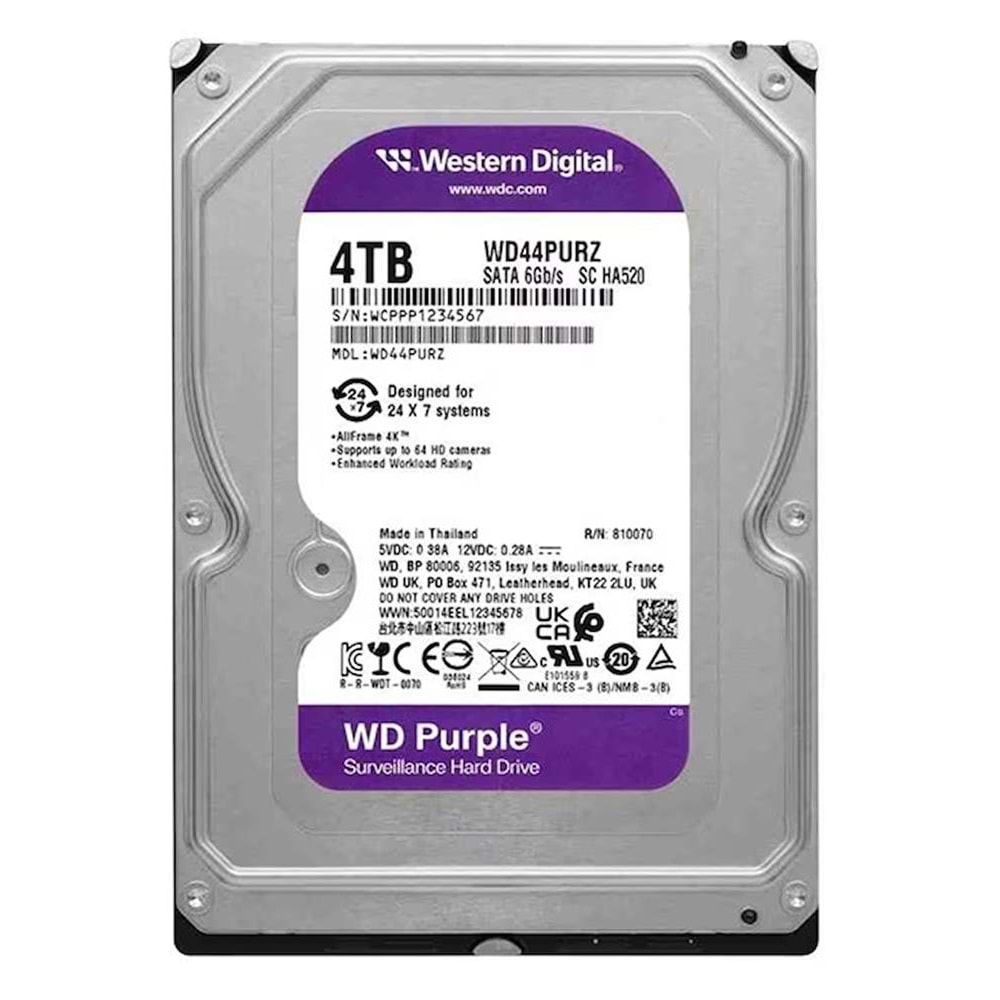 Wd 4Tb 3.5 Purple WD44PURZ Sata3 5400RPM 128MB 7-24 Guvenlık Harddisk (Resmi Distribitör Ürünü)
