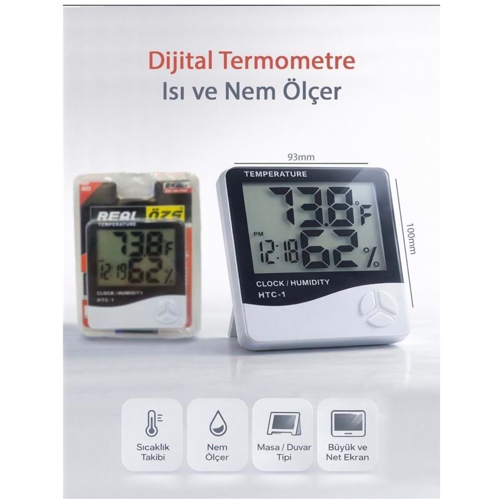 Real Özs HTC-1 Dijital Saat -Alarm - Termometre- Isı Ve Nem Ölçer 