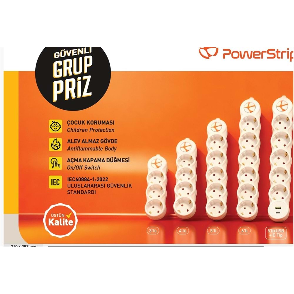 TUNCMATIK POWERSTRIP3 TSK19060 3 m IEC 66884-1:2022 Standartı, FR(Alev Almaz), anahtarlı grup priz
