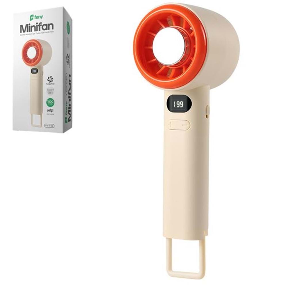 Feny FN-F40 Krem-Turuncu Kademeli Ultra Sessiz Led Göstergeli Şarjlı 1800Mah Turbo Mini El Fanı