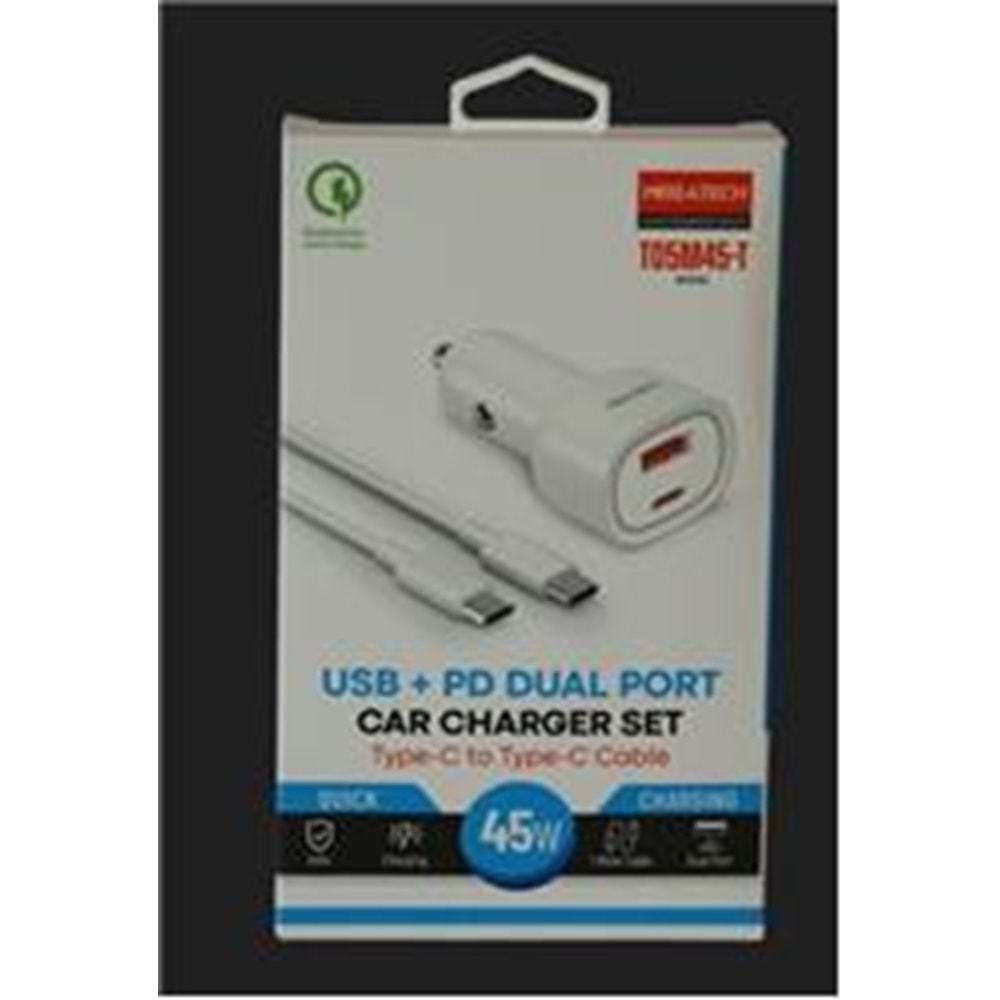 Megatech T05M45-T Beyaz 45W PD-USB Araç Çakmaklık Şarj Başlığı Hızlı Şarj(TYPE-C TO TYPE-C KABLO)
