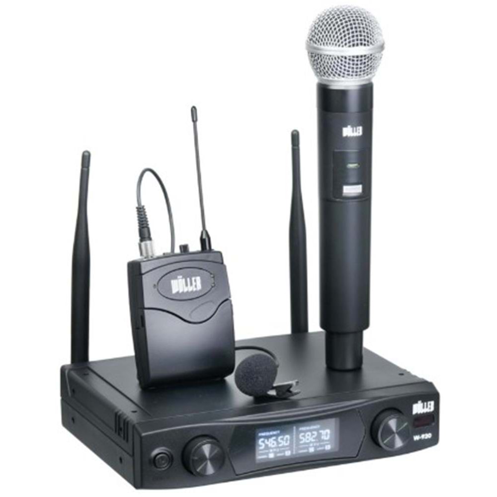 Wöller W-920EY UHF Çift Kanallı Led Ekran Kablosuz Yaka ve El Mikrofonu