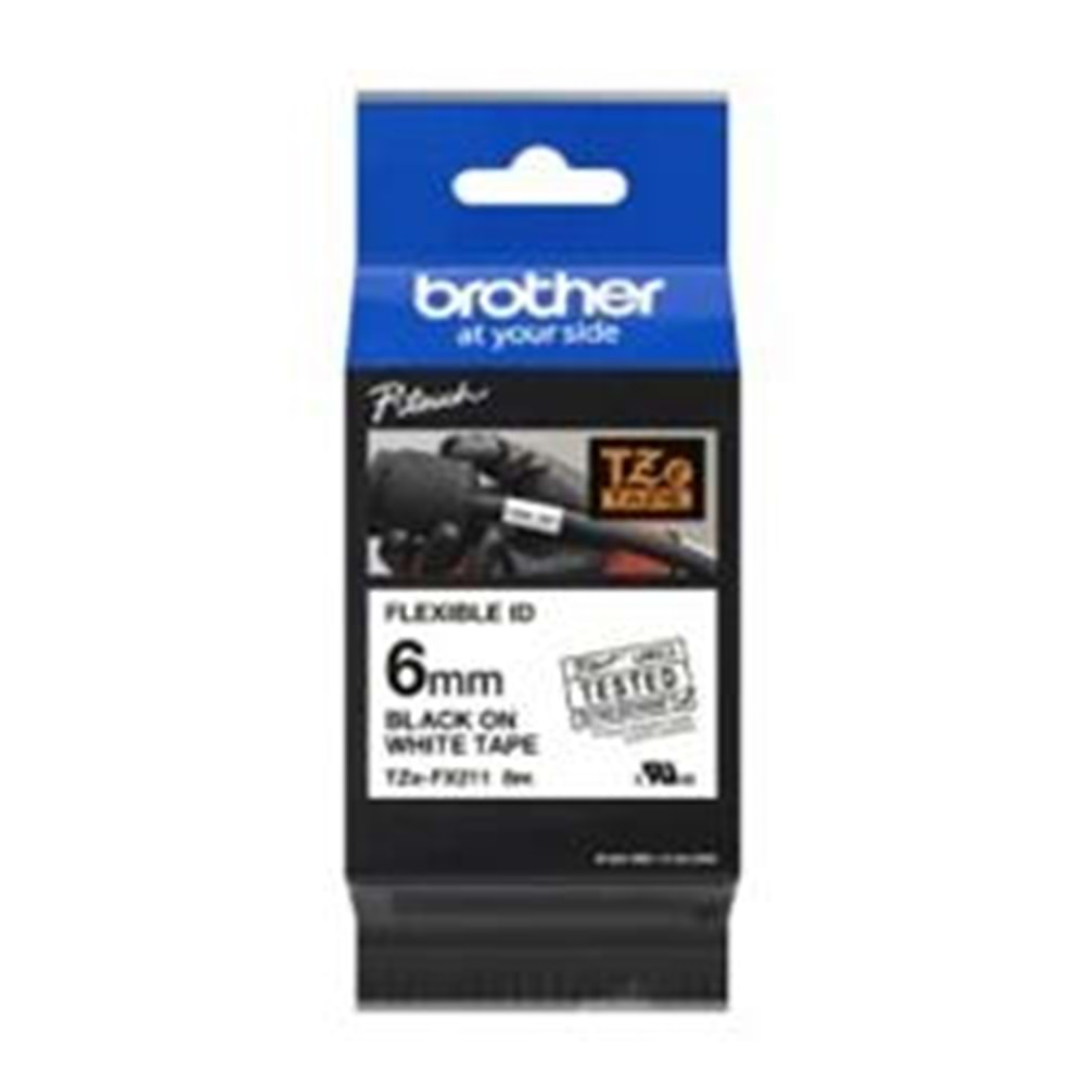 Brother TZE-FX211 6 mm Beyaz Üzeri Siyah Esnek Laminasyonlu Etiket