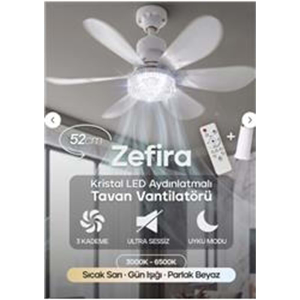 Feny Fn-F82 Zefira 3 Kademe Ultra Sessiz Uyku Mod 3000k-6500K Kristal Led Tavan Vantilatörü Kumanda