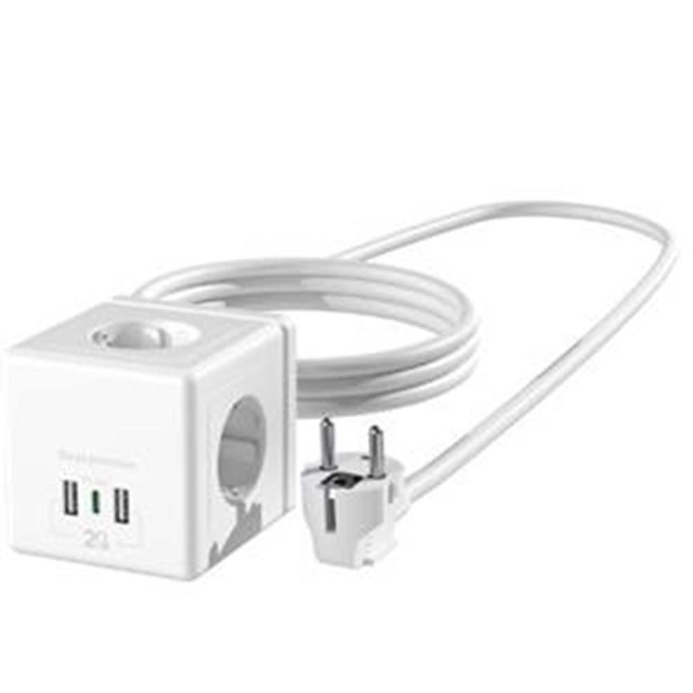 S-link PRZ04 4 Soketli 2 USB 1 Type-C PD20 2M 306 Joule Tam Bakır Küp Beyaz Akım Korumalı Priz