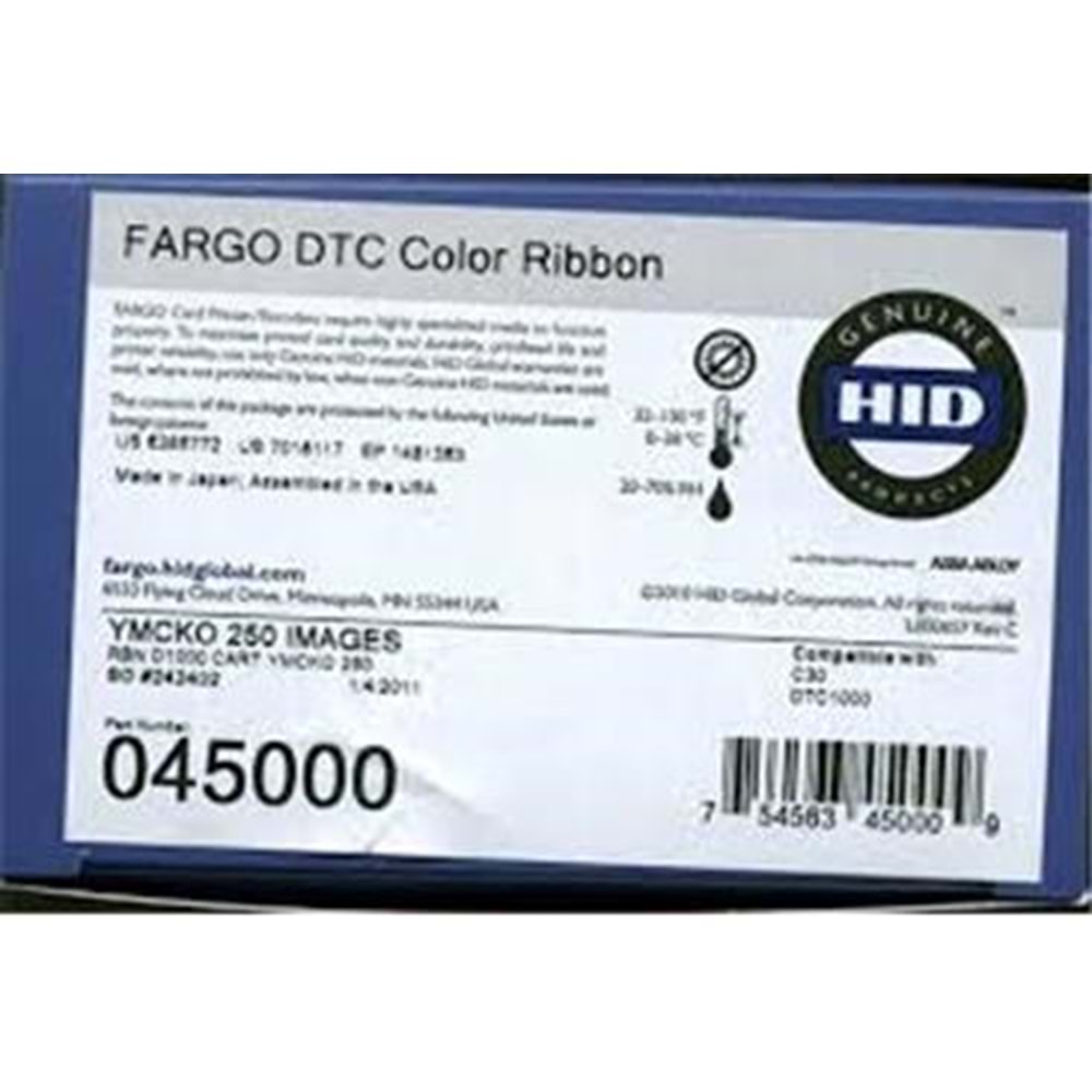Fargo 045030 DTC1250e YMCKO Renkli Ribbon Tek Yüze 300 Renkli Baskı