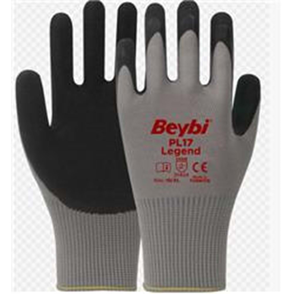 BEYBİ PL-17 10 Beden Gri-Siyah 12li Paket Legend Polyester Örme Lateks Eldiven