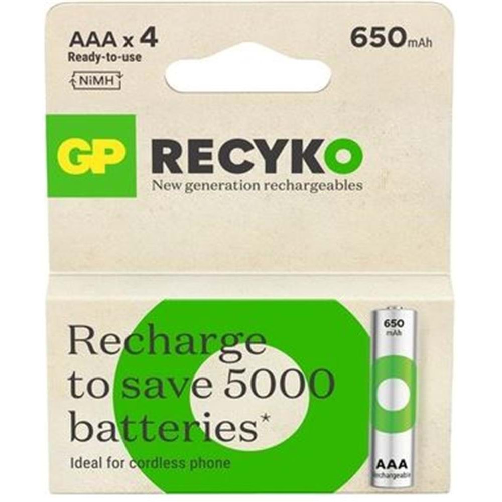 GP AAA 650 mAh Şarjlı Recharge İnce Kalem Pil 4'lü Paket GP65AAAHVC-2TLB4