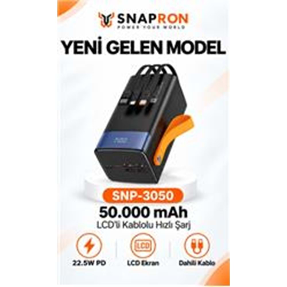 Snapron SNP-3050 50.000 Mah LCD Ekran Dahili Kablolu 22.5w Hızlı Şarj Powerbank