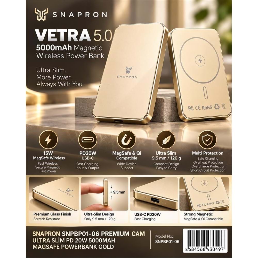 Snapron Snppb01-06 Gold 5000 mah Pd 20W USB- C MAGSAFE Ultra Silim ( Magnetic Wireless)