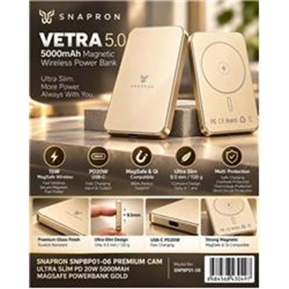 Snapron Snppb01-06 Gold 5000 mah Pd 20W USB- C MAGSAFE Ultra Silim ( Magnetic Wireless)