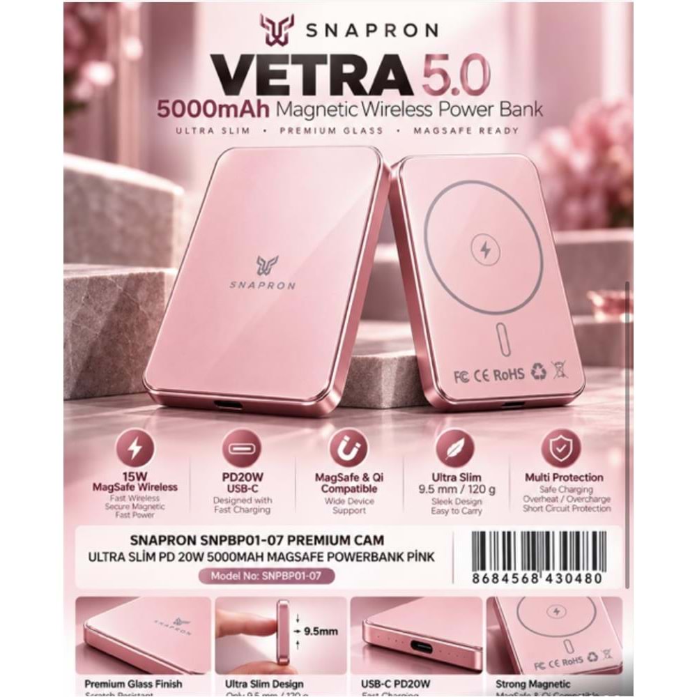 Snapron Snppb01-07 Pembe 5000 mah Pd 20W USB- C MAGSAFE Ultra Silim ( Magnetic Wireless)