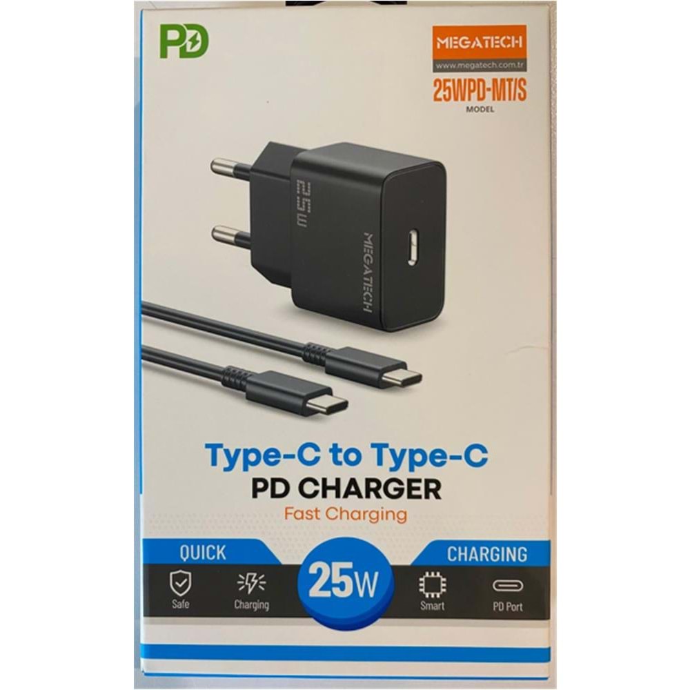 Megatech 25Wpd-Mt-S 25w Type-C Ev Şarj Kafa+Type-c to Typec Kablo ( Hızlı Şarj ) 