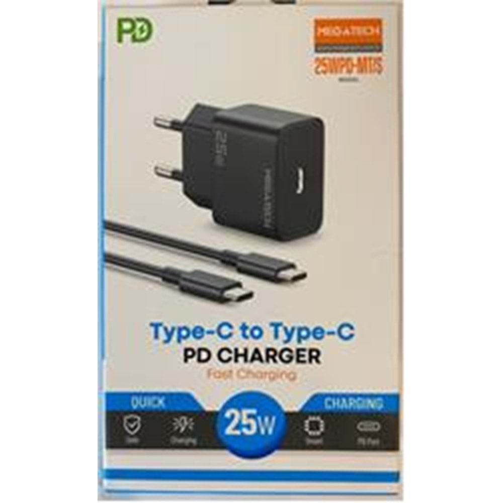 Megatech 25Wpd-Mt-S 25w Type-C Ev Şarj Kafa+Type-c to Typec Kablo ( Hızlı Şarj ) 