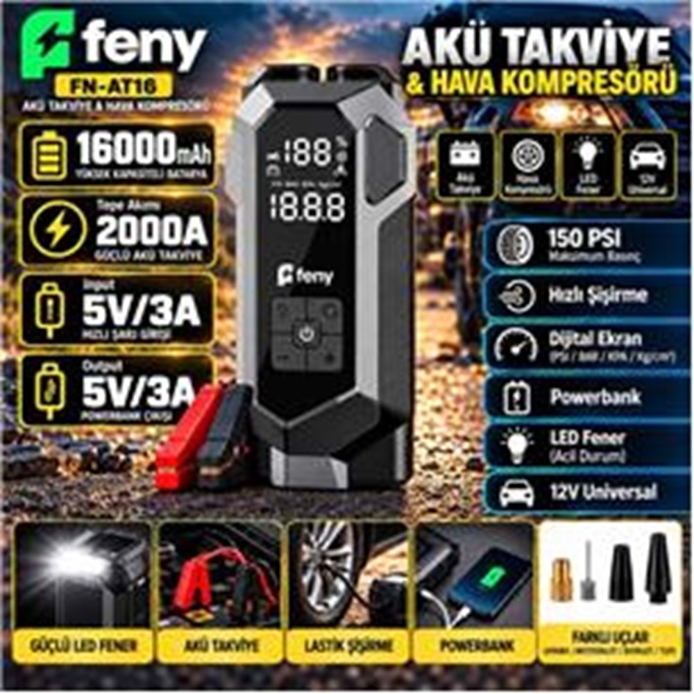 Feny FN-AT16 16.000 Mah 5v-3a Akü Takviye Ve Hava Kompresörü (Lastik Şişirme- Powerbank) Çantalı 