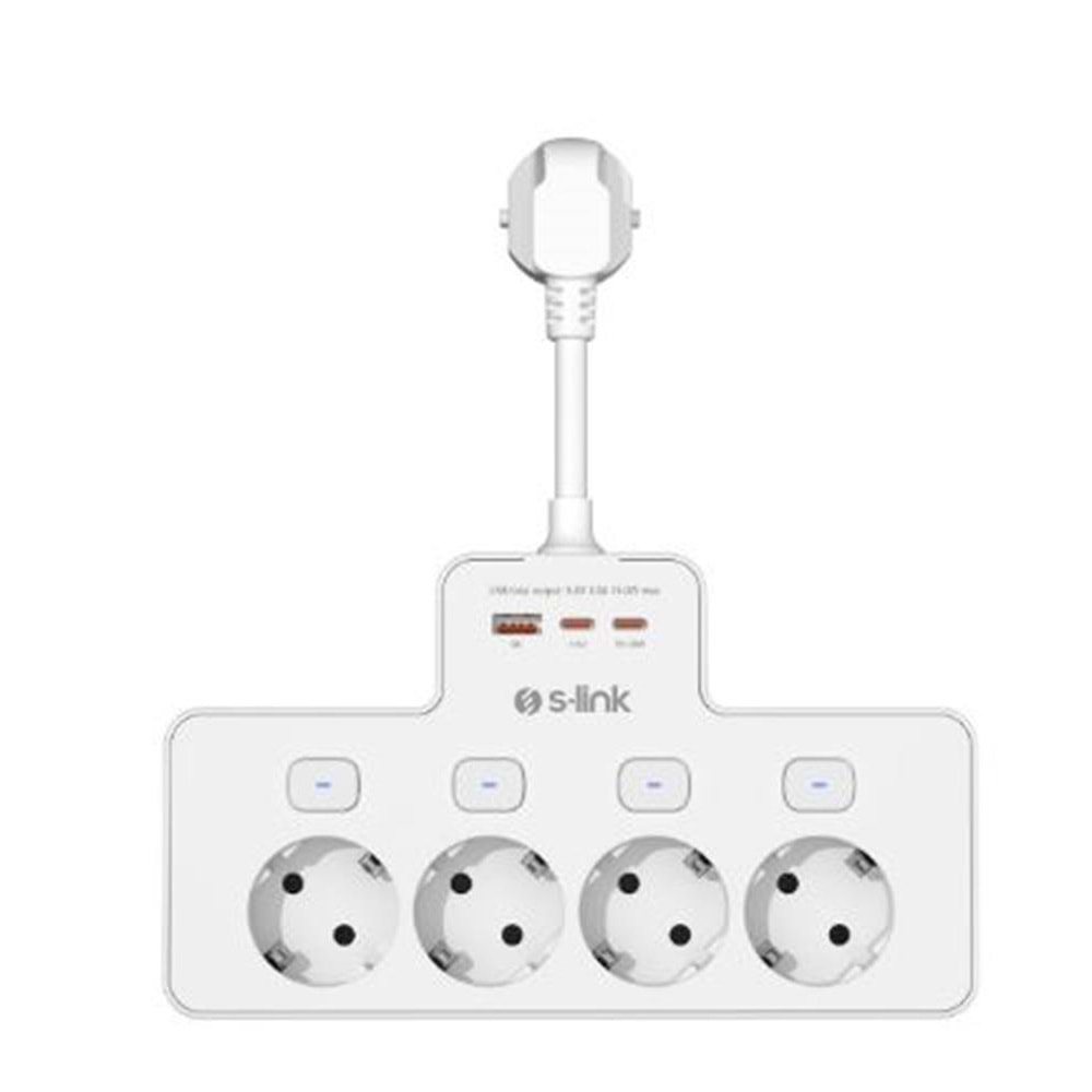S-link PRZ08 Beyaz 4 Soketli 15cm 1 USB 2 Type-C PD20W Tam Bakır Kablolu Akım Korumalı Priz