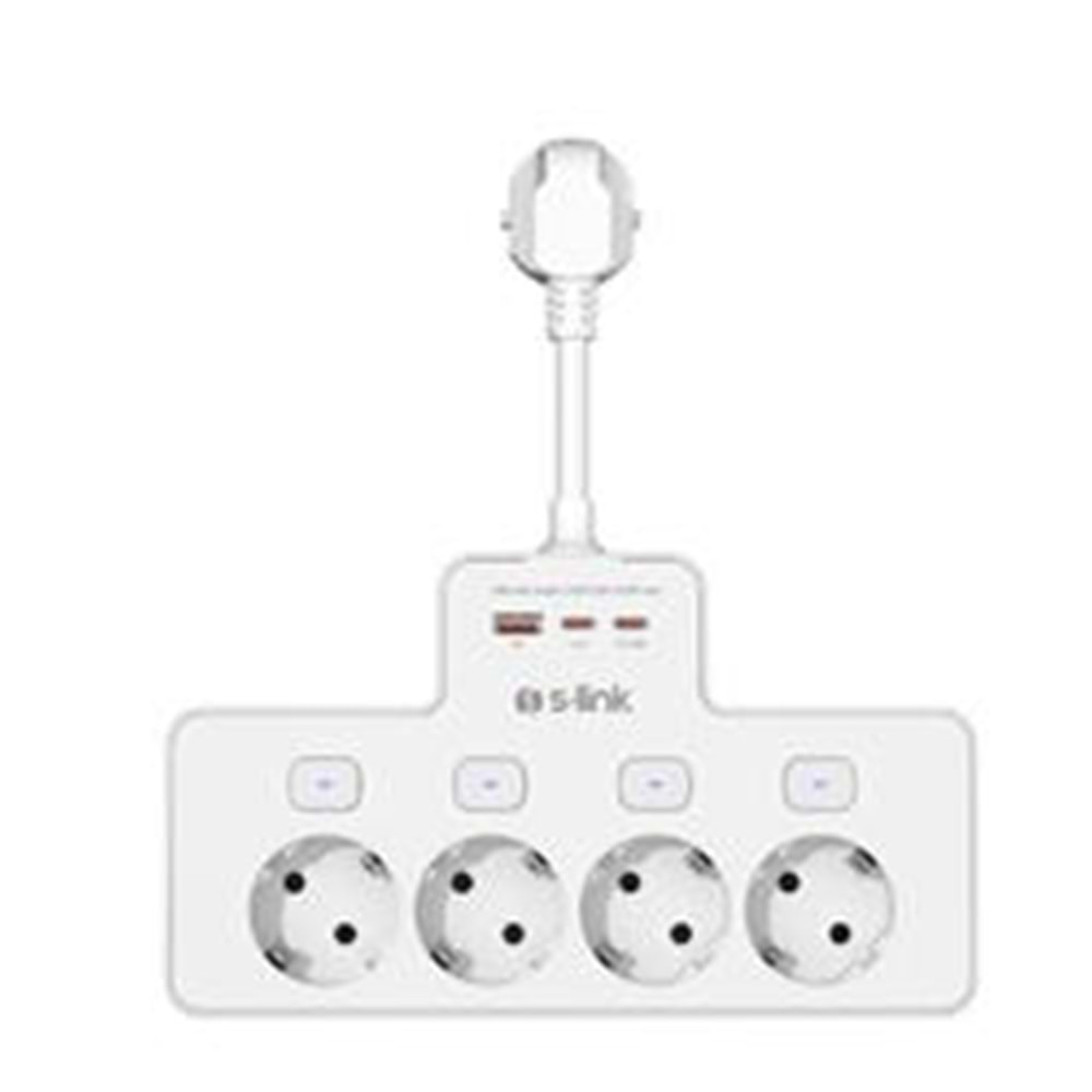S-link PRZ08 Beyaz 4 Soketli 15cm 1 USB 2 Type-C PD20W Tam Bakır Kablolu Akım Korumalı Priz