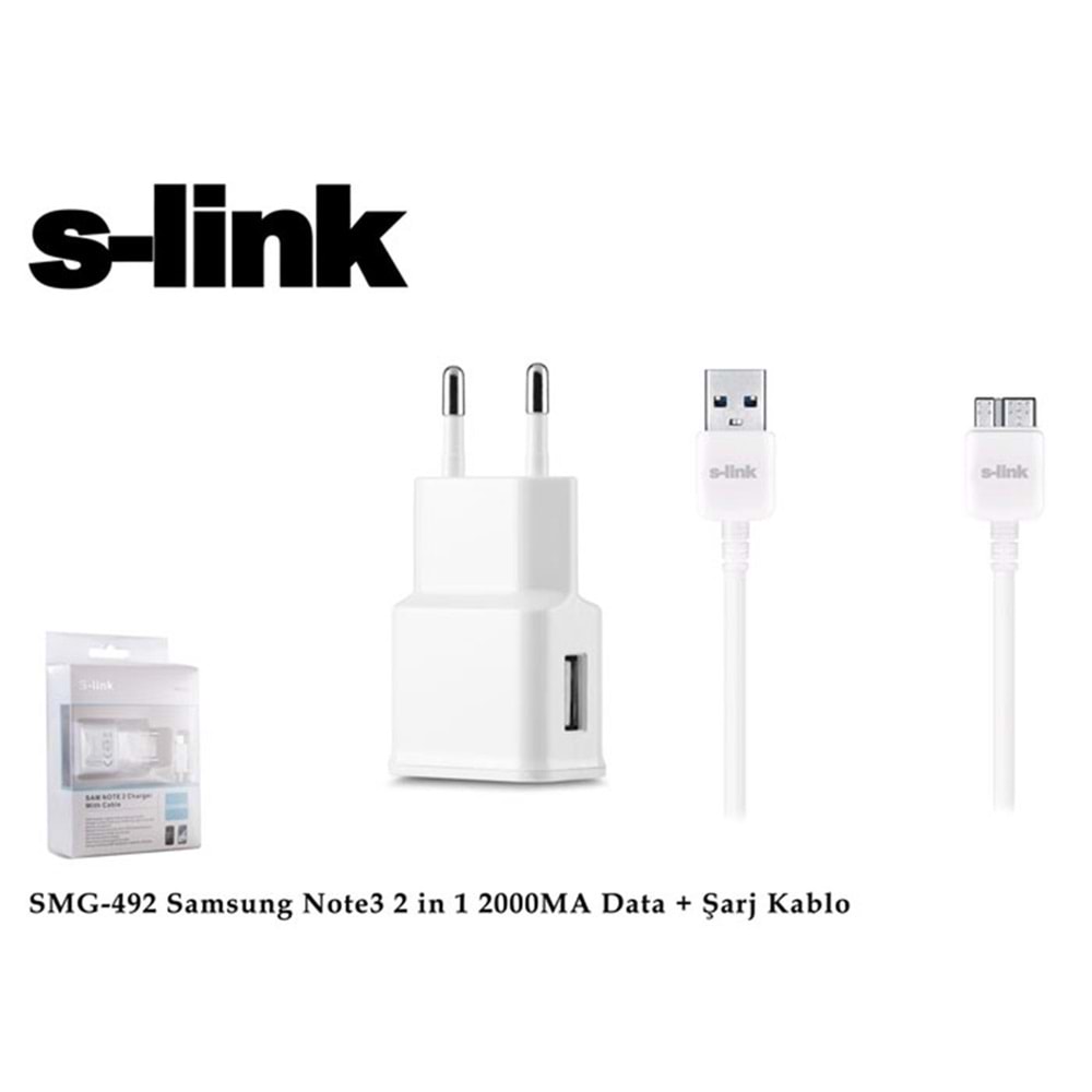 S-link SMG-492 2000mah Note 3 Şarj Kablo Priz Data Şarj Kablosu 