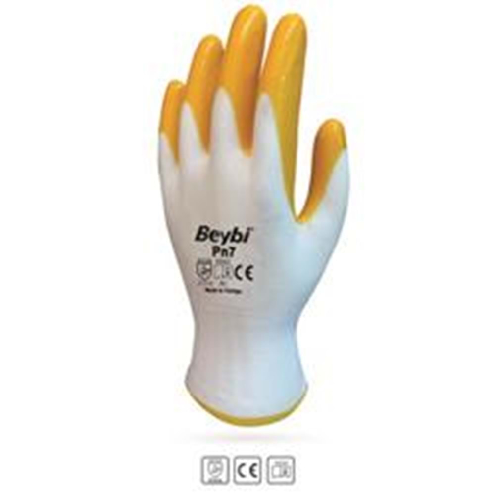 Beybi Nitril Poly PN7 10 Beden Beyaz Sarı Eldiven 12li Paket