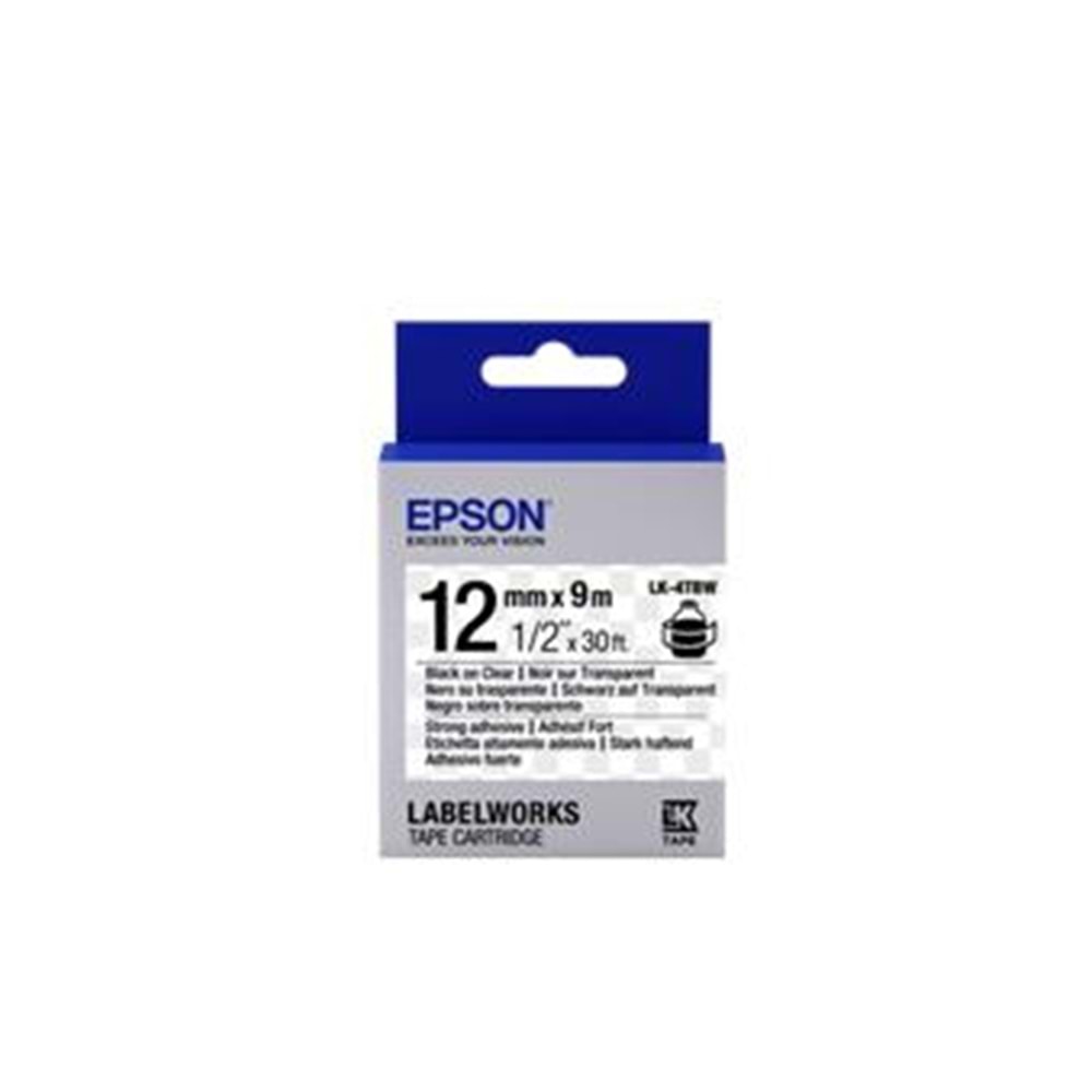 Epson LK-4TBW Güçlü Yapışkanlı Şeffaf Üzeri Siyah 12mm 9Metre Etiket