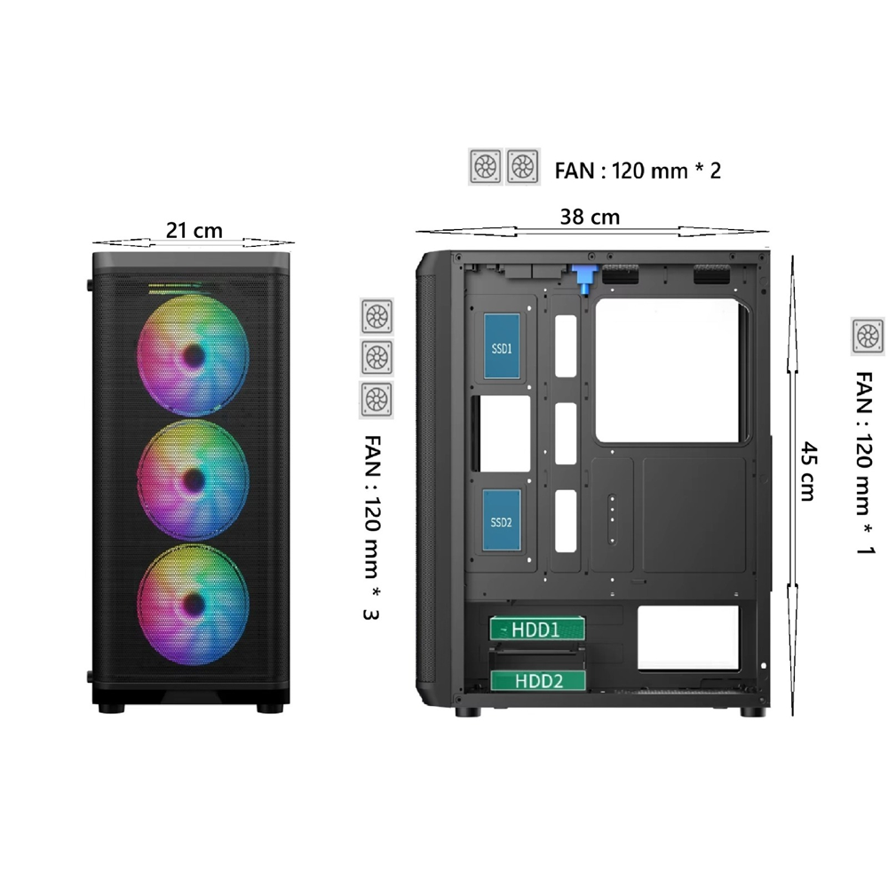 AZTECH 850w SKYHAWK AZT07 RGB Gaming Mid-Tower Pc Kasası 360mm Sıvı Soğutucu Desteği