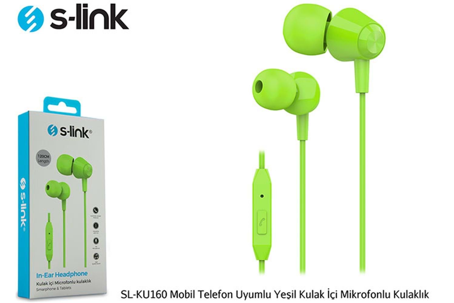 S-link SL-KU160 Mobil Telefon Uyumlu Yesili Kulak İçi Mikrofonlu Kulaklık 