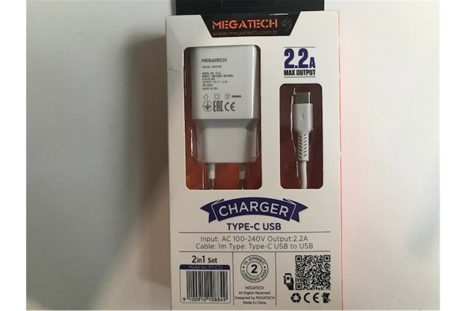 Megatech Mt-CT2 2.2a 2ın1 Typc-e Ev Şarj+Type-c Kablo Hızlı Şarj