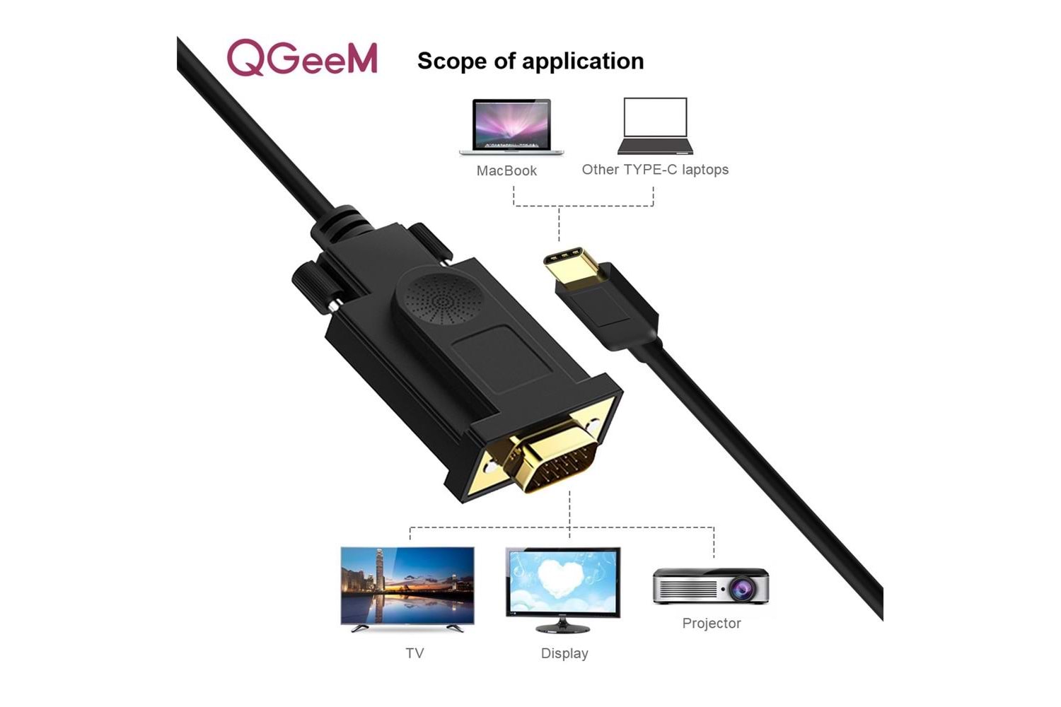 Qgeem QG-UA17 1.8m USB Type-C to Erkek VGA Kablo